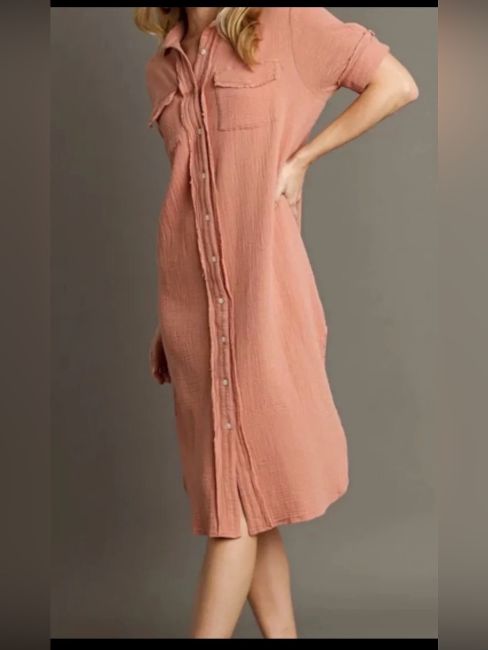 Button-Front Cotton Guaze Midi Dress in Clay